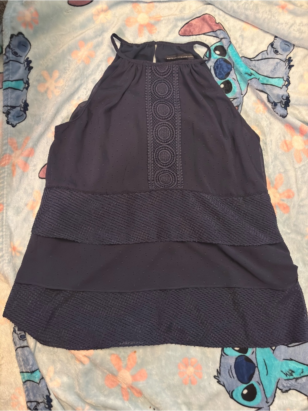 White House Black Market Navy Halter Blouse with Crochet Panel